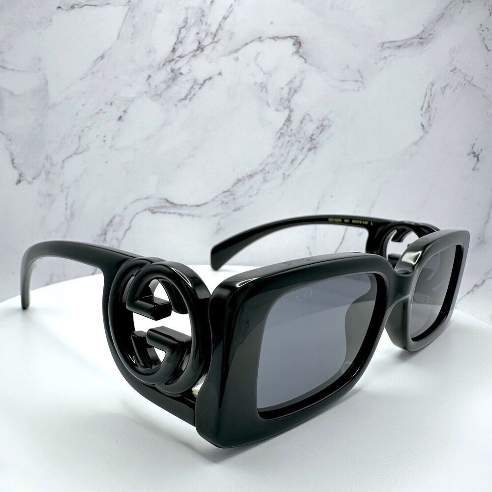 New Gucci Sunglasses Black Rectangle Square GG Logo Triple Black 54mm - Picture 15 of 16